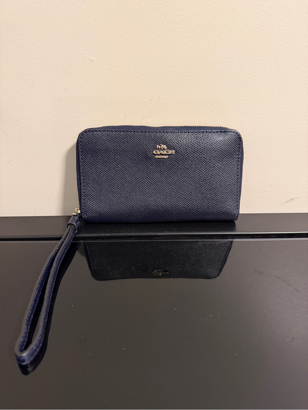 Coach Navy Saffiano Leather Zip Wristlet Wallet with Gold Logo